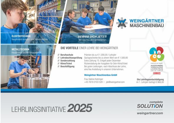 This image shows the official job advertisement for 2025 for our apprenticeship initiative. It lists the advantages of an apprenticeship at Weingärtner and indicates the 2 main modules, namely electrical engineering and metal technology.