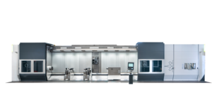 Frontal view of a turning, milling and whirling center with its doors wide open