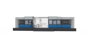 A rendering of a turning & milling machine with its doors open