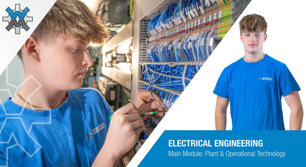 A young man (apprentice) wiring a control panel