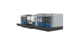 An angular rendering of a turning & milling machine with its doors open, featuring a gas turbine being machined